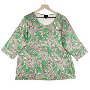 J. Jill Top Women Large Green Paisley Wearever Collection Stretch‎ 3/4 Sleeve